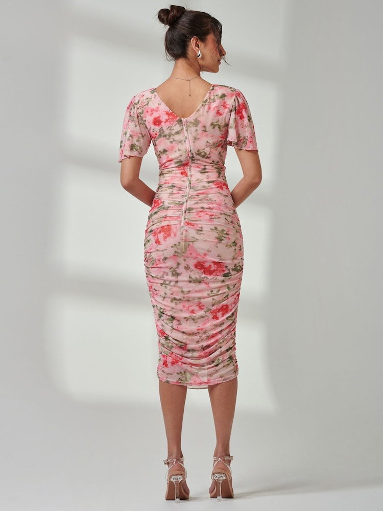 Jolie Moi Pink Wrap Front Mesh Bodycon Dress - Image 2 of 7