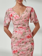 Jolie Moi Pink Wrap Front Mesh Bodycon Dress - Image 3 of 7