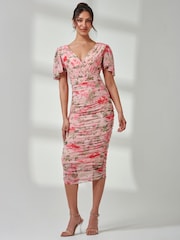 Jolie Moi Pink Wrap Front Mesh Bodycon Dress - Image 4 of 7