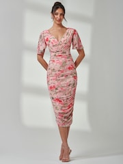 Jolie Moi Pink Wrap Front Mesh Bodycon Dress - Image 6 of 7