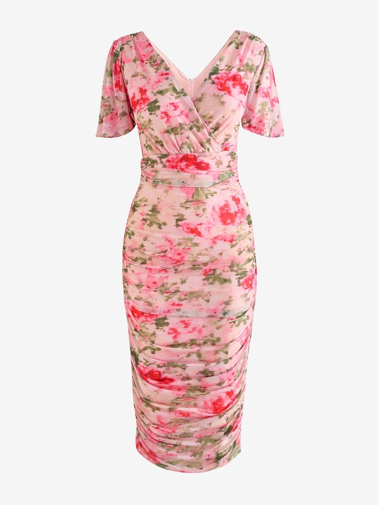 Jolie Moi Pink Wrap Front Mesh Bodycon Dress - Image 7 of 7