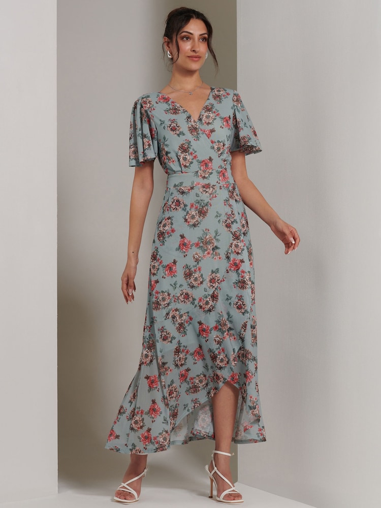 Jolie Moi Green Printed Mesh Frill Dip Hem Dress - Image 1 of 7 Jolie Moi Green Printed Mesh Frill Dip Hem Dress - Image 1 of 7