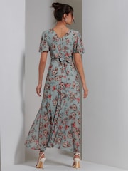 Jolie Moi Green Printed Mesh Frill Dip Hem Dress - Image 2 of 7