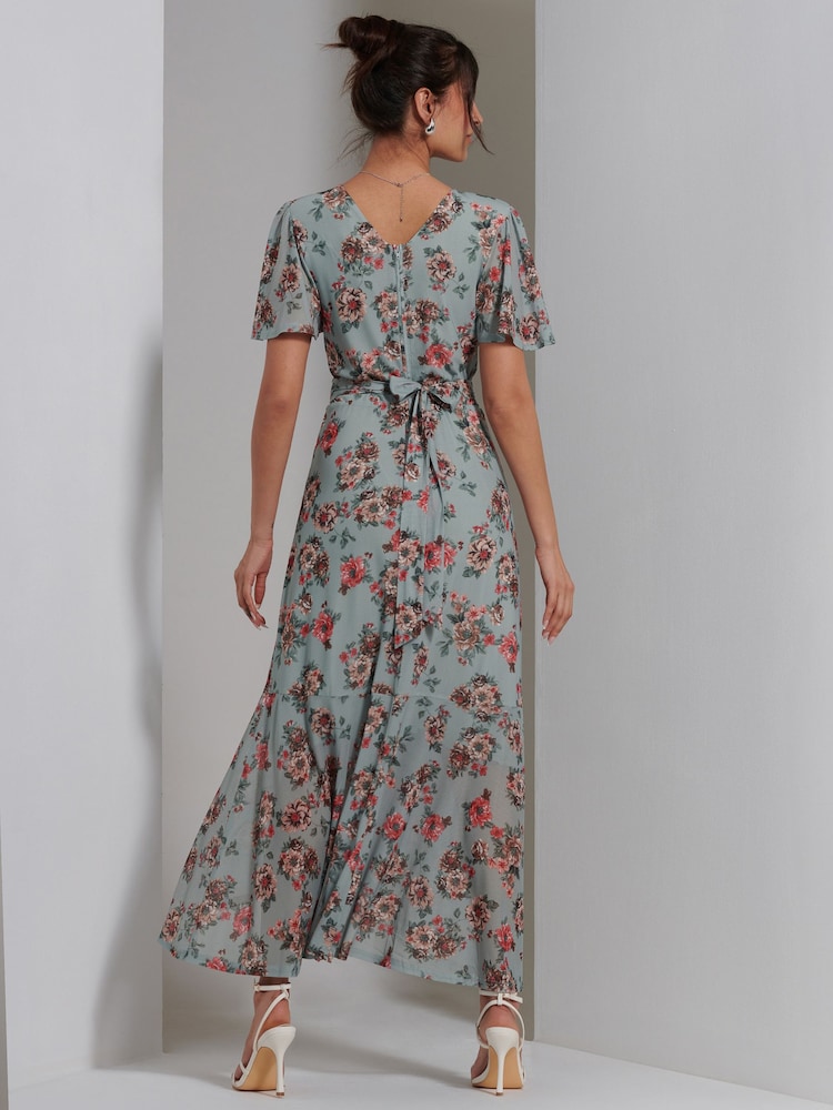 Jolie Moi Green Printed Mesh Frill Dip Hem Dress - Image 2 of 7