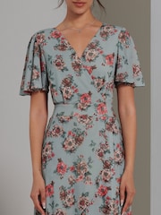 Jolie Moi Green Printed Mesh Frill Dip Hem Dress - Image 3 of 7