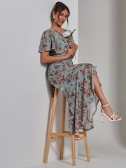 Jolie Moi Green Printed Mesh Frill Dip Hem Dress - Image 4 of 7