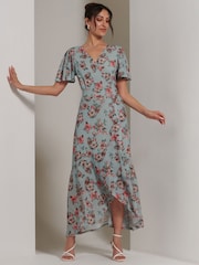 Jolie Moi Green Printed Mesh Frill Dip Hem Dress - Image 5 of 7