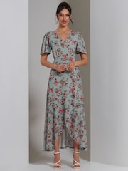 Jolie Moi Green Printed Mesh Frill Dip Hem Dress - Image 6 of 7