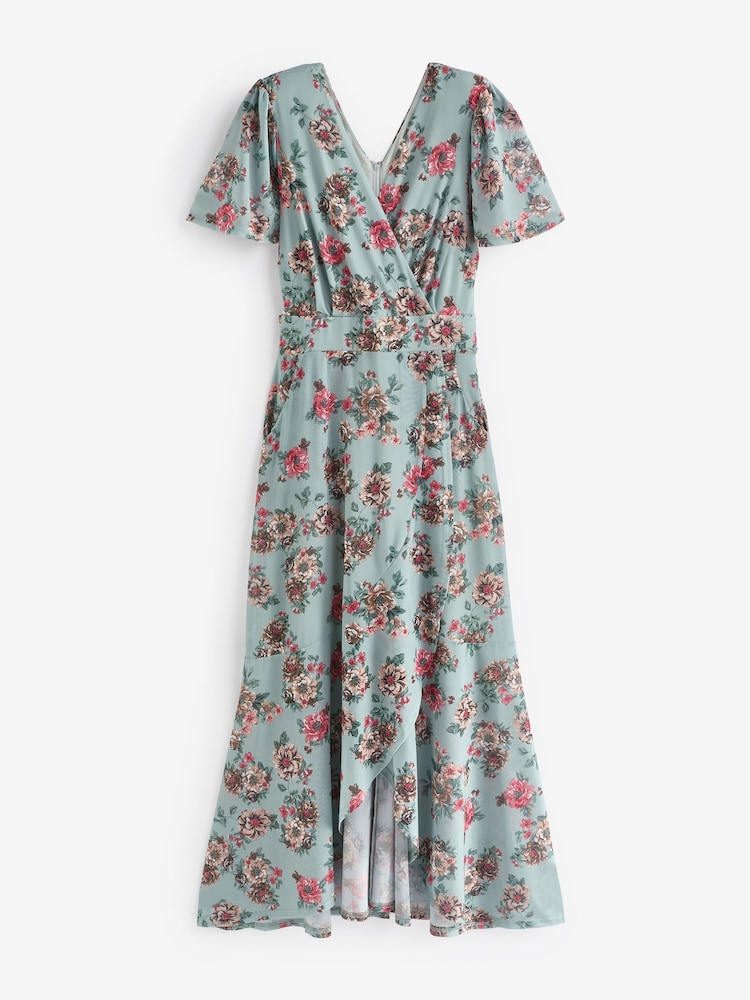 Jolie Moi Green Printed Mesh Frill Dip Hem Dress - Image 7 of 7