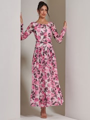 Jolie Moi Pink Long Sleeve Printed Mesh Maxi Dress - Image 1 of 6