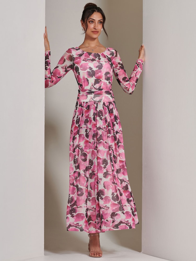 Jolie Moi Pink Long Sleeve Printed Mesh Maxi Dress - Image 1 of 6