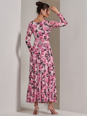 Jolie Moi Pink Long Sleeve Printed Mesh Maxi Dress - Image 2 of 6