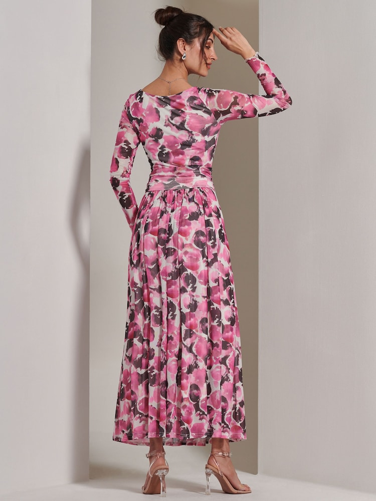 Jolie Moi Pink Long Sleeve Printed Mesh Maxi Dress - Image 2 of 6