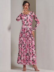 Jolie Moi Pink Long Sleeve Printed Mesh Maxi Dress - Image 3 of 6