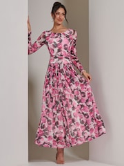 Jolie Moi Pink Long Sleeve Printed Mesh Maxi Dress - Image 4 of 6
