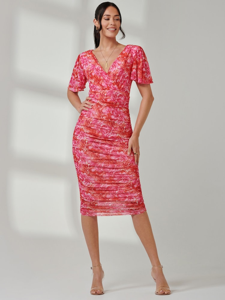 Jolie Moi Dark Pink Wrap Front Mesh Bodycon Dress - Image 1 of 7