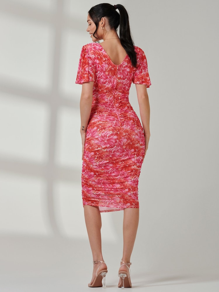 Jolie Moi Dark Pink Wrap Front Mesh Bodycon Dress - Image 2 of 7