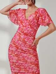Jolie Moi Dark Pink Wrap Front Mesh Bodycon Dress - Image 3 of 7