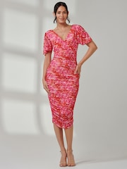 Jolie Moi Dark Pink Wrap Front Mesh Bodycon Dress - Image 5 of 7