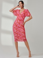 Jolie Moi Dark Pink Wrap Front Mesh Bodycon Dress - Image 6 of 7