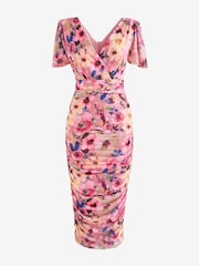 Jolie Moi Dark Pink Wrap Front Mesh Bodycon Dress - Image 7 of 7