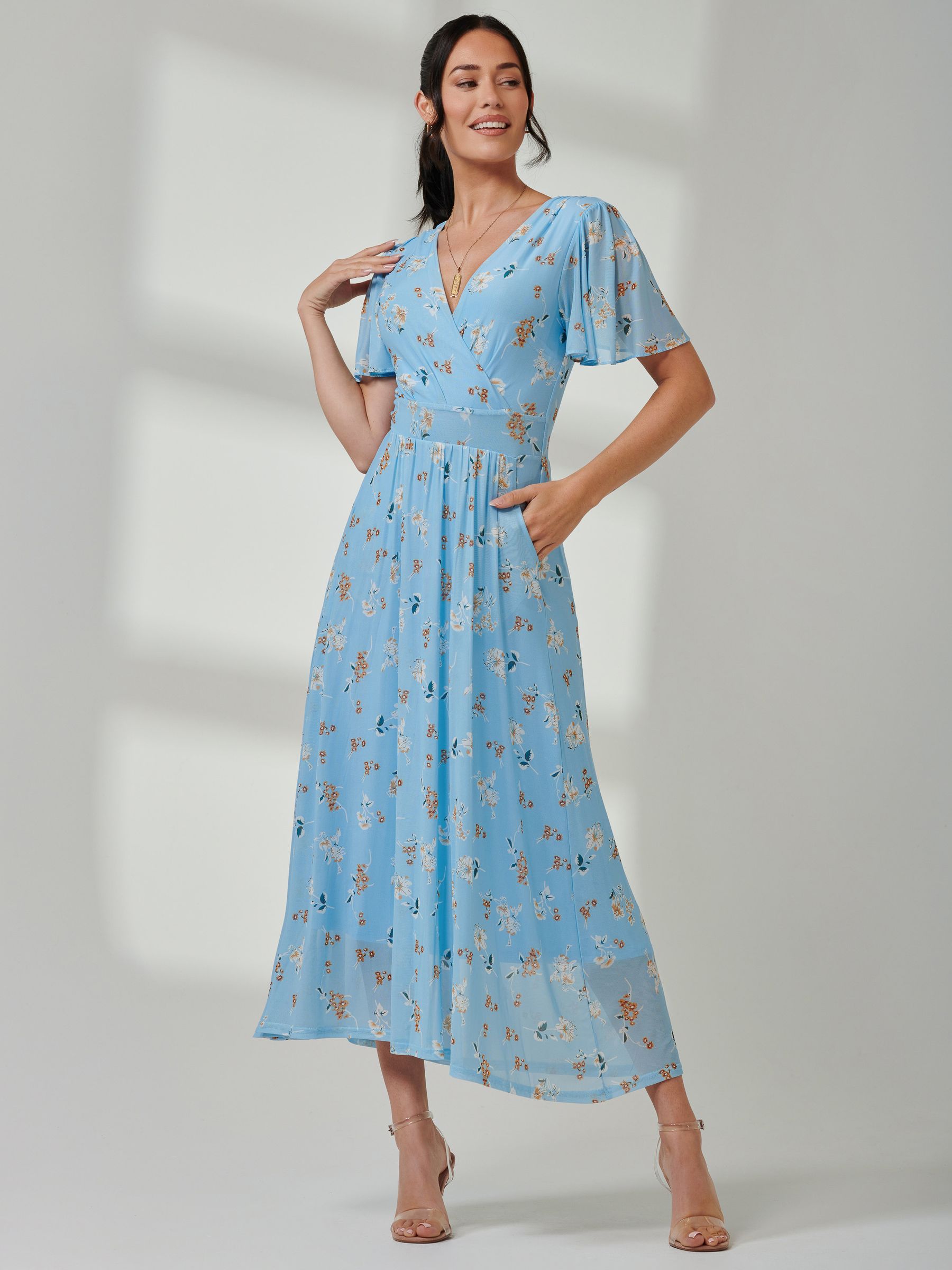 Jolie Moi Blue Gracelyn Wrap Front Mesh Maxi Dress