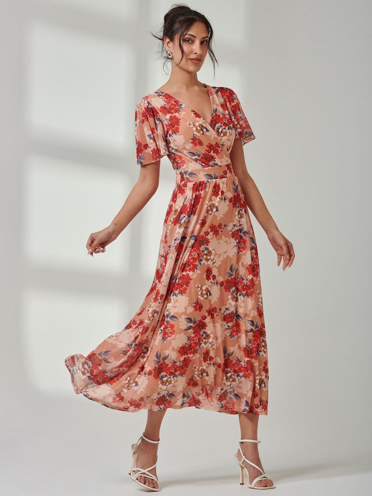 Jolie Moi Red Evelyn Angel Sleeve Mesh Maxi Dress - Image 1 of 7