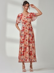 Jolie Moi Red Evelyn Angel Sleeve Mesh Maxi Dress - Image 4 of 7