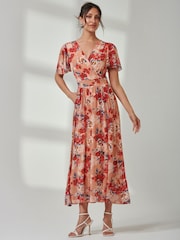 Jolie Moi Red Evelyn Angel Sleeve Mesh Maxi Dress - Image 5 of 7