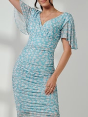 Jolie Moi Blue Wrap Front Mesh Bodycon Dress - Image 3 of 6
