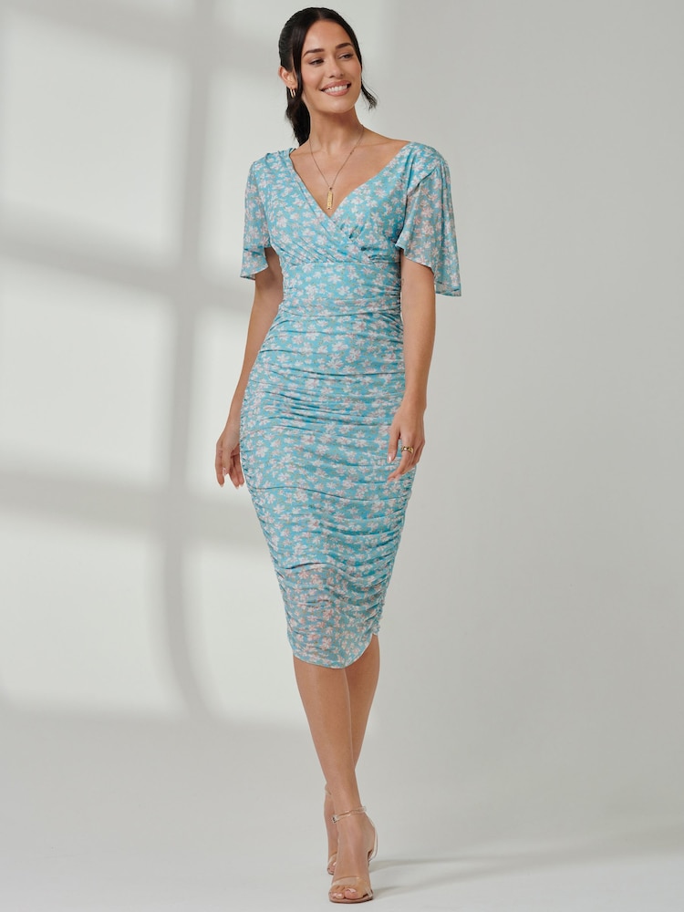 Jolie Moi Blue Wrap Front Mesh Bodycon Dress - Image 4 of 6