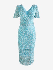 Jolie Moi Blue Wrap Front Mesh Bodycon Dress - Image 6 of 6