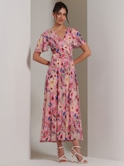 Jolie Moi Pink Evelyn Angel Sleeve Mesh Maxi Dress - Image 5 of 7