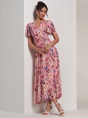 Jolie Moi Pink Evelyn Angel Sleeve Mesh Maxi Dress - Image 6 of 7