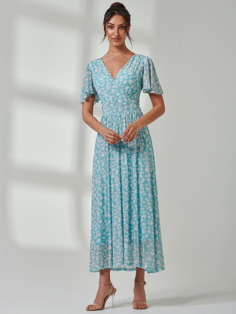 Jolie Moi Blue Evelyn Angel Sleeve Mesh Maxi Dress - Image 1 of 7