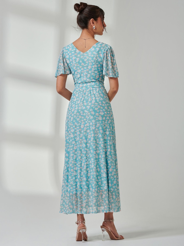 Jolie Moi Blue Evelyn Angel Sleeve Mesh Maxi Dress - Image 2 of 7