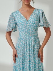 Jolie Moi Blue Evelyn Angel Sleeve Mesh Maxi Dress - Image 3 of 7