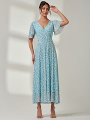 Jolie Moi Blue Evelyn Angel Sleeve Mesh Maxi Dress - Image 4 of 7