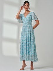 Jolie Moi Blue Evelyn Angel Sleeve Mesh Maxi Dress - Image 5 of 7