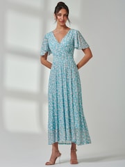 Jolie Moi Blue Evelyn Angel Sleeve Mesh Maxi Dress - Image 6 of 7