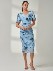 Jolie Moi Blue Angel Sleeve Ruched Mesh Midi Dress - Image 1 of 7