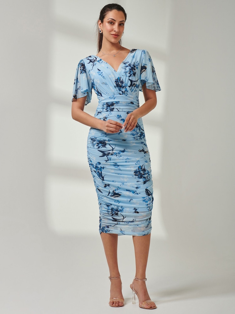 Jolie Moi Blue Angel Sleeve Ruched Mesh Midi Dress - Image 1 of 7