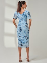 Jolie Moi Blue Angel Sleeve Ruched Mesh Midi Dress - Image 2 of 7
