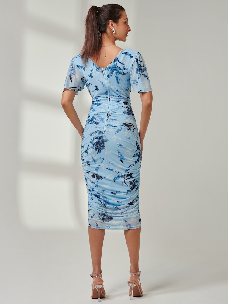 Jolie Moi Blue Angel Sleeve Ruched Mesh Midi Dress - Image 2 of 7