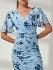 Jolie Moi Blue Angel Sleeve Ruched Mesh Midi Dress - Image 3 of 7