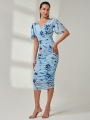 Jolie Moi Blue Angel Sleeve Ruched Mesh Midi Dress - Image 4 of 7
