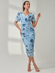 Jolie Moi Blue Angel Sleeve Ruched Mesh Midi Dress - Image 5 of 7