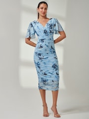 Jolie Moi Blue Angel Sleeve Ruched Mesh Midi Dress - Image 6 of 7