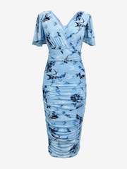 Jolie Moi Blue Angel Sleeve Ruched Mesh Midi Dress - Image 7 of 7