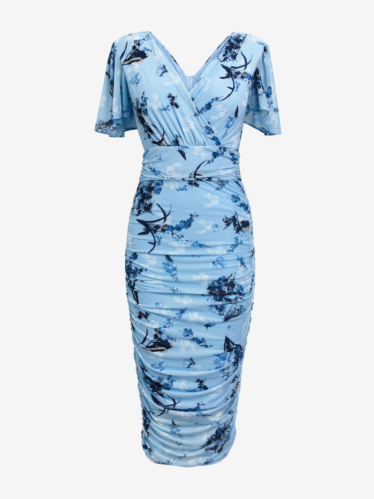 Jolie Moi Blue Angel Sleeve Ruched Mesh Midi Dress - Image 7 of 7